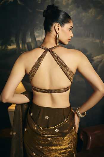 SAANJH BY LEA_Gold Organza Halter Neck Kumud Olive Embroidered Blouse _Online_at_Aza_Fashions