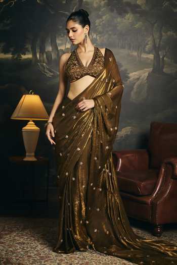 Buy_SAANJH BY LEA_Gold Organza Halter Neck Kumud Olive Embroidered Blouse _Online_at_Aza_Fashions