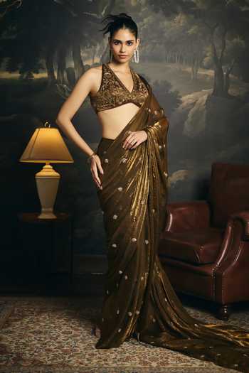 Shop_SAANJH BY LEA_Gold Organza Halter Neck Kumud Olive Embroidered Blouse _Online_at_Aza_Fashions
