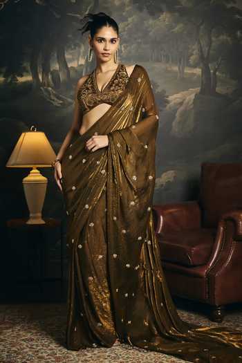 SAANJH BY LEA_Gold Organza Halter Neck Kumud Olive Embroidered Blouse _at_Aza_Fashions
