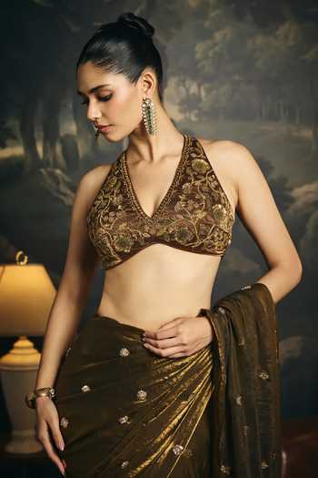 Buy_SAANJH BY LEA_Gold Organza Halter Neck Kumud Olive Embroidered Blouse 