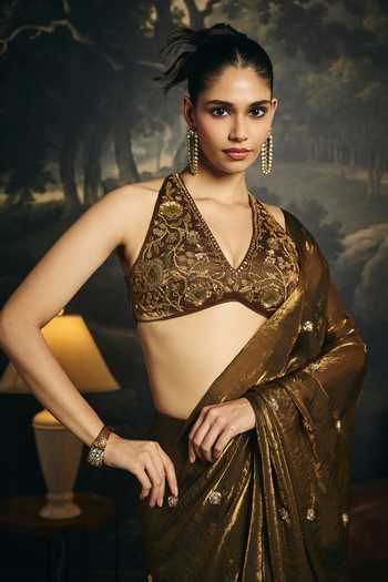 Shop_SAANJH BY LEA_Olive Green Organza Halter Neck Kumud Embroidered Pre-draped Saree Set _Online_at_Aza_Fashions