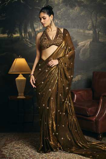 SAANJH BY LEA Kumud Olive Embroidered Pre-Draped Saree Set 