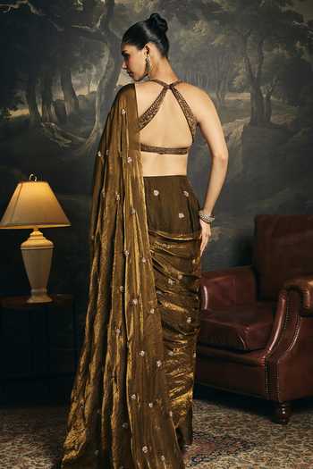 SAANJH BY LEA Kumud Olive Embroidered Pre-Draped Saree Set 