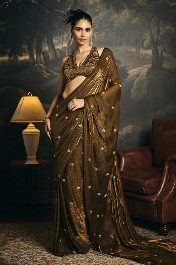 SAANJH BY LEA_Olive Green Organza Halter Neck Kumud Embroidered Pre-draped Saree Set _at_Aza_Fashions