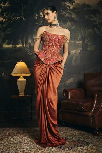 SAANJH BY LEA_Orange Brocade Zari, Stones Ragini Corset _Online_at_Aza_Fashions
