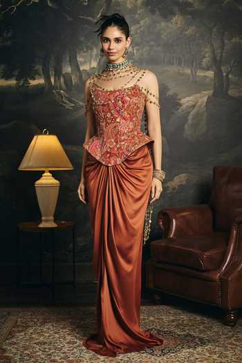 Shop_SAANJH BY LEA_Orange Brocade Zari, Stones Ragini Corset _Online_at_Aza_Fashions