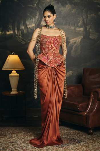 SAANJH BY LEA_Orange Brocade Zari, Stones Ragini Corset _at_Aza_Fashions