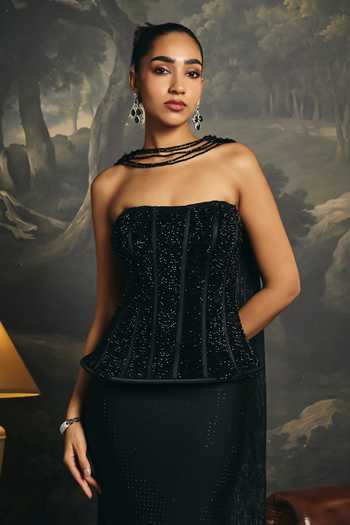 SAANJH BY LEA_Black Spandex, Chiffon, Mesh Embroidery Ruhani Embellished Corset And Skirt Set _Online_at_Aza_Fashions