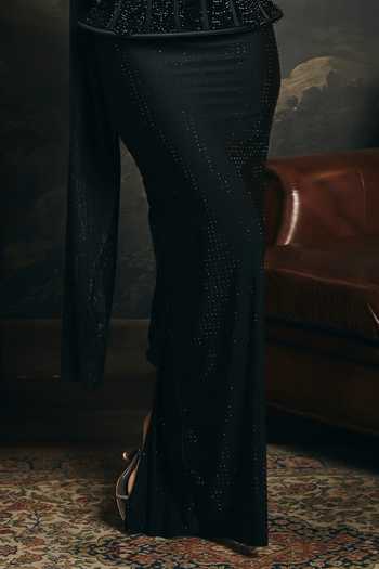 Buy_SAANJH BY LEA_Black Spandex, Chiffon, Mesh Embroidery Ruhani Embellished Corset And Skirt Set _Online_at_Aza_Fashions
