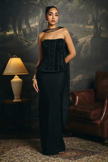 Shop_SAANJH BY LEA_Black Spandex, Chiffon, Mesh Embroidery Ruhani Embellished Corset And Skirt Set _Online_at_Aza_Fashions