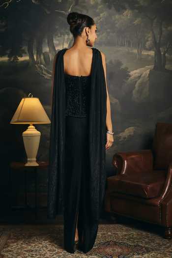SAANJH BY LEA_Black Spandex, Chiffon, Mesh Embroidery Ruhani Embellished Corset And Skirt Set _at_Aza_Fashions