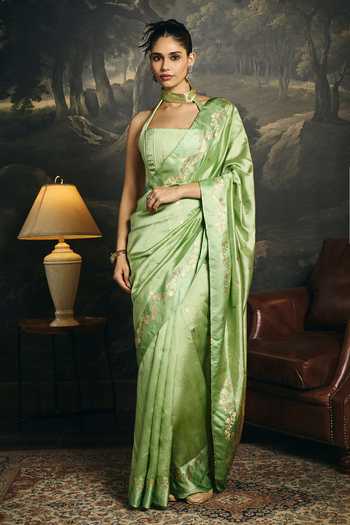 Shop_SAANJH BY LEA_Green Silk Halter Neck Pallavika Banarasi Saree Set _Online_at_Aza_Fashions