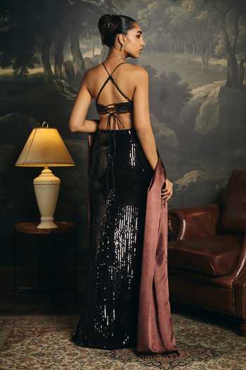 Buy Saanjh By Lea Black Satin Bandeau Neck Tamisra Sequin Blouse Buy_Saanjh By Lea_Black Satin Bandeau Neck Tamisra Sequin Blouse