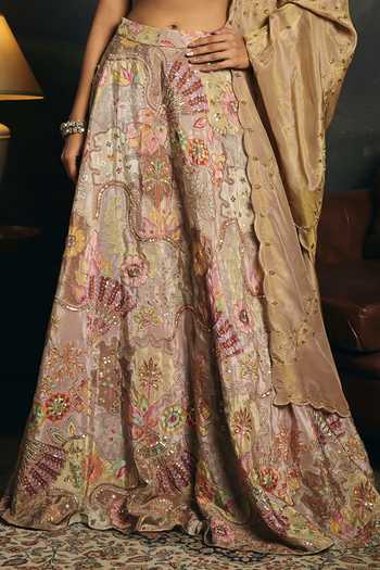 Shop_SAANJH BY LEA_Peach Crepe, Satin Sweetheart Neck Vasantika Embroidered Lehenga Set _Online_at_Aza_Fashions