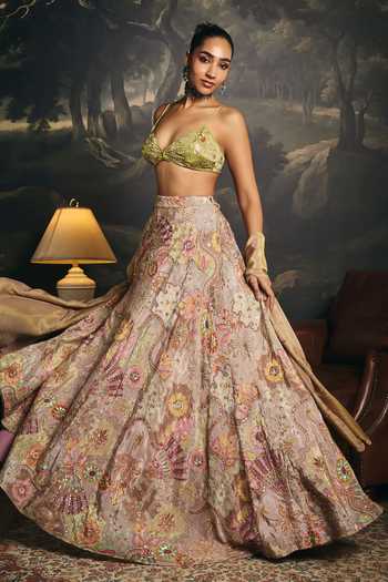 SAANJH BY LEA_Peach Crepe, Satin Sweetheart Neck Vasantika Embroidered Lehenga Set _at_Aza_Fashions