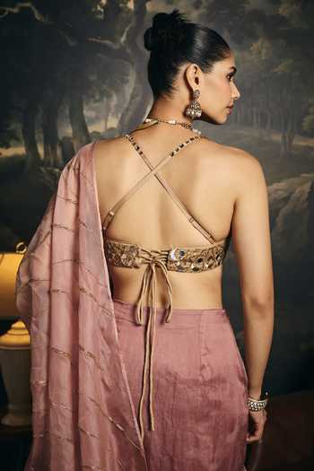 Shop SAANJH BY LEA Wine Organza Sweetheart Neck Anvitha Tissue Saree Set Online at Aza Fashions Shop_SAANJH BY LEA_Wine Organza Sweetheart Neck Anvitha Tissue Saree Set _Online_at_Aza_Fashions