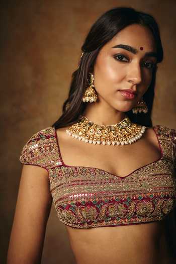 Saanjh By Lea Gold Brocade Sweetheart Neck Amaira Blouse Online at Aza Fashions Saanjh By Lea_Gold Brocade Sweetheart Neck Amaira Blouse _Online_at_Aza_Fashions