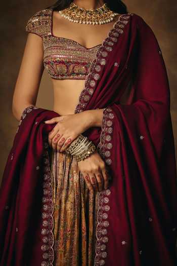 Buy SAANJH BY LEA Gold Tissue Sweetheart Neck Amaira Banarasi Woven Lehenga Set Buy_SAANJH BY LEA_Gold Tissue Sweetheart Neck Amaira Banarasi Woven Lehenga Set