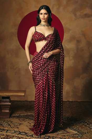 Saanjh By Lea_Maroon Georgette Sweetheart Neck Revya Hand Embroidered Blouse _Online_at_Aza_Fashions