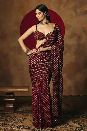 Shop_Saanjh By Lea_Maroon Georgette Sweetheart Neck Revya Hand Embroidered Blouse _Online_at_Aza_Fashions