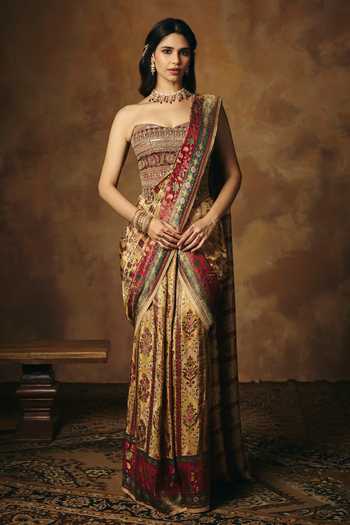 SAANJH BY LEA_Gold Brocade Embroidery, Zari Sweetheart Neck Vasundhara Corset _Online_at_Aza_Fashions