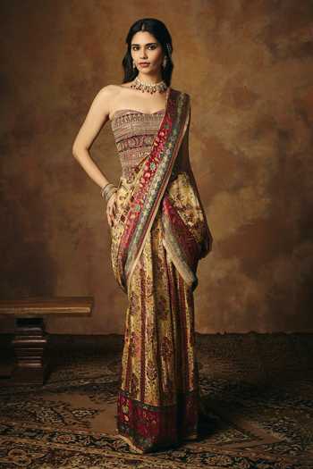 Buy_SAANJH BY LEA_Gold Brocade Embroidery, Zari Sweetheart Neck Vasundhara Corset _Online_at_Aza_Fashions