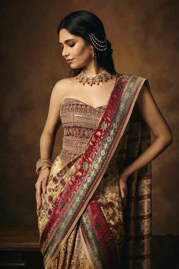 Shop_SAANJH BY LEA_Gold Brocade Embroidery, Zari Sweetheart Neck Vasundhara Corset _Online_at_Aza_Fashions
