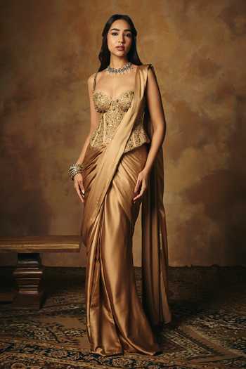 SAANJH BY LEA_Gold Satin Sequins, Beads, Stones, Mirrors Padmini Hand Embroidered Blouse _Online_at_Aza_Fashions