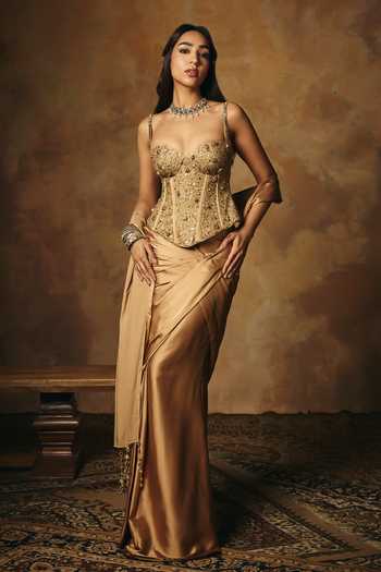 Buy_SAANJH BY LEA_Gold Satin Sequins, Beads, Stones, Mirrors Padmini Hand Embroidered Blouse _Online_at_Aza_Fashions