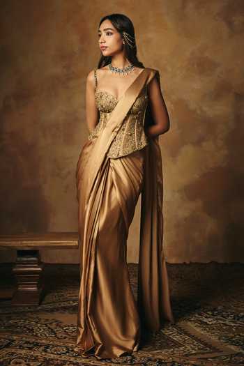 Shop_SAANJH BY LEA_Gold Satin Sequins, Beads, Stones, Mirrors Padmini Hand Embroidered Blouse _Online_at_Aza_Fashions