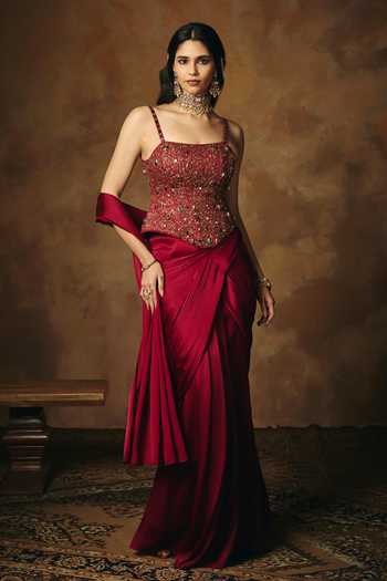 SAANJH BY LEA_Maroon Satin Embroidery, Beads, Stones, Mirrors Lohita Pre-draped Saree Set _Online_at_Aza_Fashions