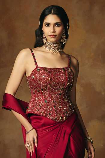 Buy_SAANJH BY LEA_Maroon Satin Embroidery, Beads, Stones, Mirrors Lohita Pre-draped Saree Set _Online_at_Aza_Fashions