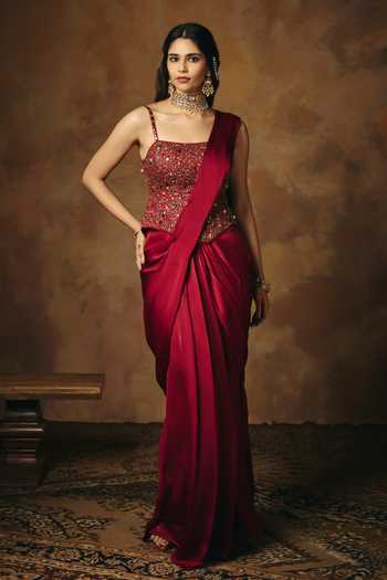 Shop_SAANJH BY LEA_Maroon Satin Embroidery, Beads, Stones, Mirrors Lohita Pre-draped Saree Set _Online_at_Aza_Fashions