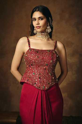 Buy_SAANJH BY LEA_Maroon Satin Beads, Stones Square Neck Lohita Corset Blouse _Online_at_Aza_Fashions