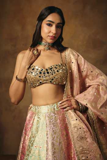Buy_SAANJH BY LEA_Multi Color Brocade Sweetheart Neck Ushasi Banarasi Woven Lehenga Set _Online_at_Aza_Fashions