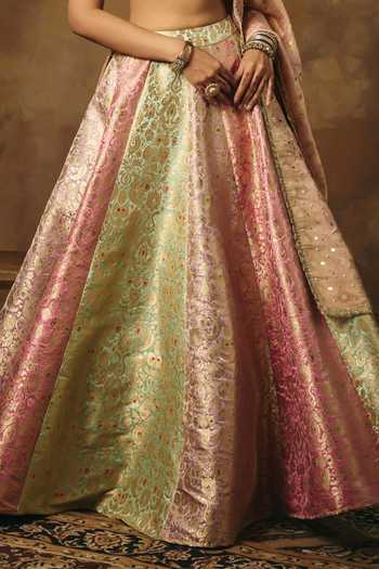 Shop_SAANJH BY LEA_Multi Color Brocade Sweetheart Neck Ushasi Banarasi Woven Lehenga Set _Online_at_Aza_Fashions