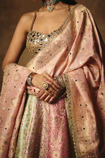 Buy_SAANJH BY LEA_Multi Color Brocade Sweetheart Neck Ushasi Banarasi Woven Lehenga Set 