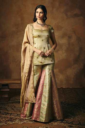 Buy_SAANJH BY LEA_Multi Color Satin, Brocade Square Neck Chandrika Banarasi Woven Sharara Set _Online_at_Aza_Fashions