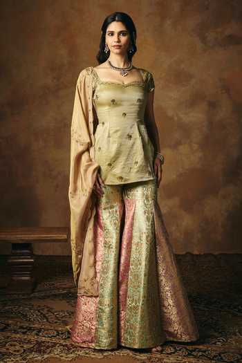 Shop_SAANJH BY LEA_Multi Color Satin, Brocade Square Neck Chandrika Banarasi Woven Sharara Set _Online_at_Aza_Fashions