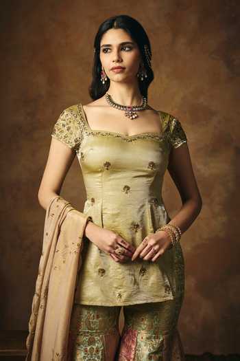 SAANJH BY LEA_Multi Color Satin, Brocade Square Neck Chandrika Banarasi Woven Sharara Set _at_Aza_Fashions