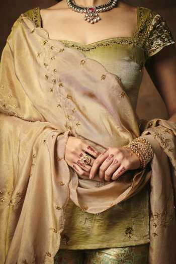 Buy_SAANJH BY LEA_Multi Color Satin, Brocade Square Neck Chandrika Banarasi Woven Sharara Set 