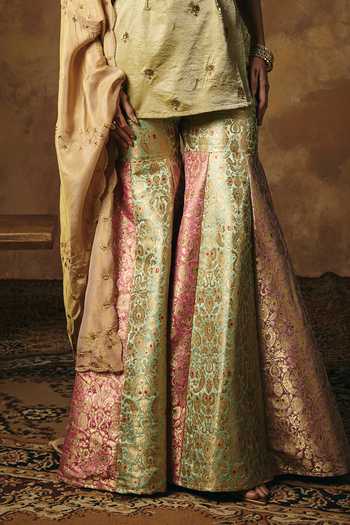 Shop_SAANJH BY LEA_Multi Color Satin, Brocade Square Neck Chandrika Banarasi Woven Sharara Set 