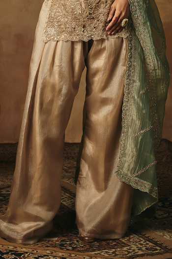SAANJH BY LEA_Gold Mesh Square Neck, Yes Aarunya Embroidered Kurta Farshi Salwar Set _Online_at_Aza_Fashions