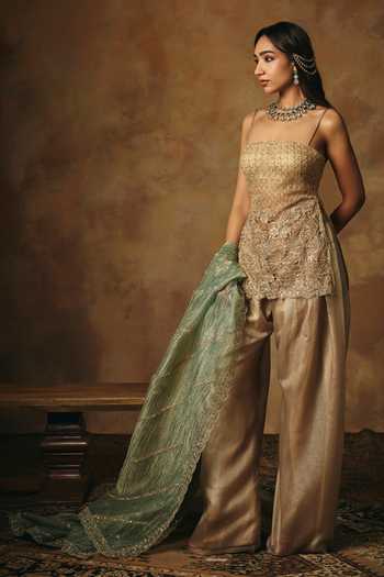 Buy_SAANJH BY LEA_Gold Mesh Square Neck, Yes Aarunya Embroidered Kurta Farshi Salwar Set _Online_at_Aza_Fashions