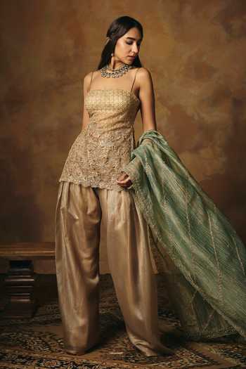 Shop_SAANJH BY LEA_Gold Mesh Square Neck, Yes Aarunya Embroidered Kurta Farshi Salwar Set _Online_at_Aza_Fashions