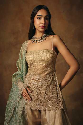 SAANJH BY LEA_Gold Mesh Square Neck, Yes Aarunya Embroidered Kurta Farshi Salwar Set _at_Aza_Fashions