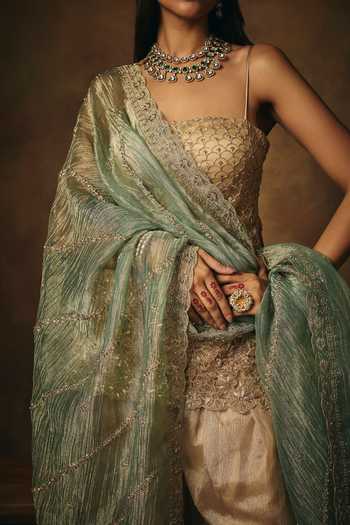 Buy_SAANJH BY LEA_Gold Mesh Square Neck, Yes Aarunya Embroidered Kurta Farshi Salwar Set 