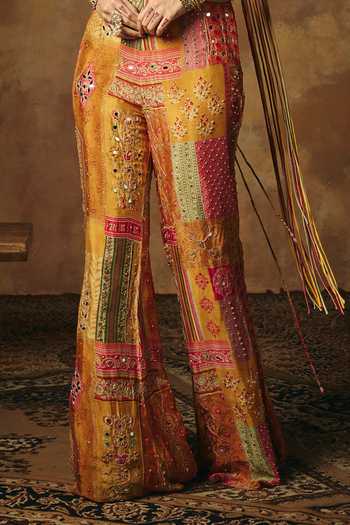 Buy_SAANJH BY LEA_Yellow Beads, Mirrors Sweetheart Neck Vasumati Patchwork Corset And Pant Set 