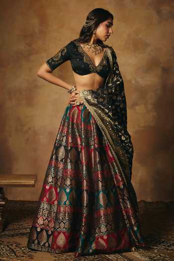 SAANJH BY LEA Black Silk V-neck Mrinalika Embroidered Blouse Online at Aza Fashions SAANJH BY LEA_Black Silk V-neck Mrinalika Embroidered Blouse _Online_at_Aza_Fashions